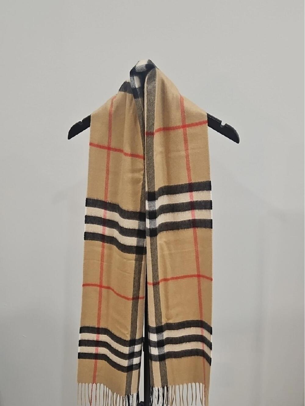 Burberry Camel, Black, White & Red Check Wool Scarf
